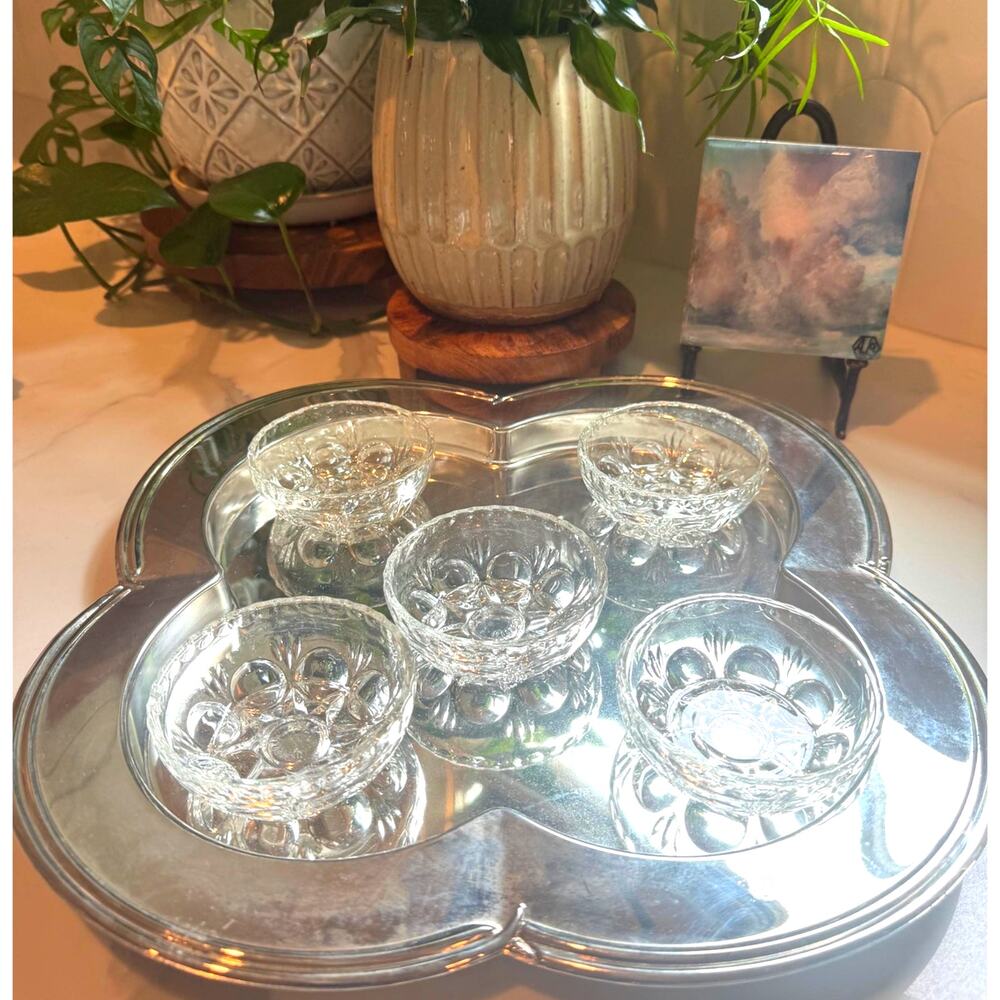 Vintage Godinger Silver-Plated Clover Scalloped Tray and 5 Glass Dishes